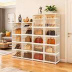 MGWILL Foldable Shoe Rack, Purse Organizers for Closet Plastic Clear Storage Box for Entryway, Large Sneaker Cabinet Bins Display Case for Collectibles with Magnetic Door 5 Tiers