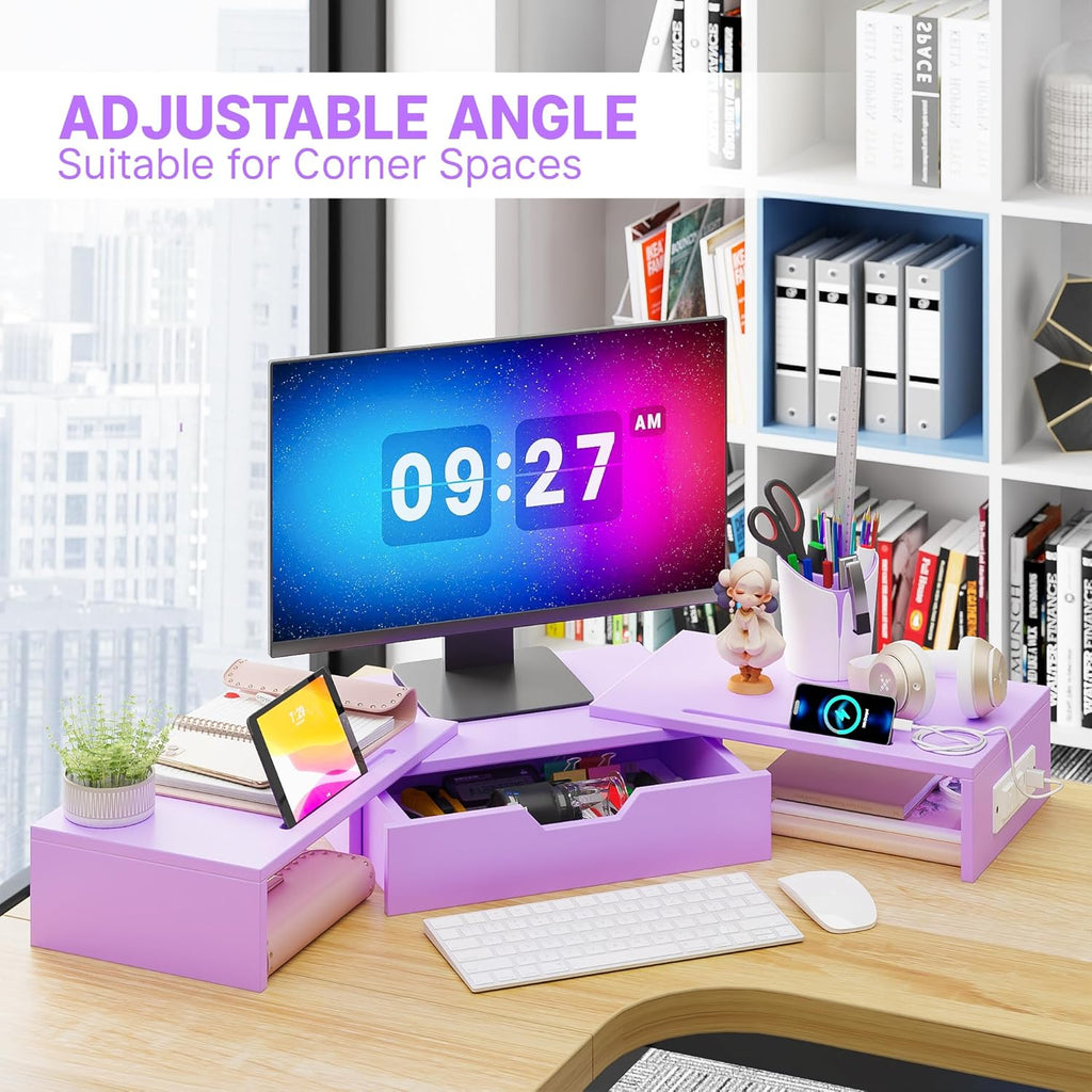 Elephance Dual Monitor Stand with USB Ports,Wood Computer Monitor Stand with Drawer,Adjustable Monitor Stand Riser,Desk Organizer for PC,Computer,Laptop,Purple Pink