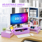 Elephance Dual Monitor Stand with USB Ports,Wood Computer Monitor Stand with Drawer,Adjustable Monitor Stand Riser,Desk Organizer for PC,Computer,Laptop,Purple Pink