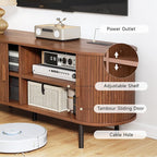 63" Fluted TV Stand with Power Outlet, Modern Media Console with Sliding Doors, Entertainment Center for TVs up to 60 Inch, Adjustable Shelves, Walnut