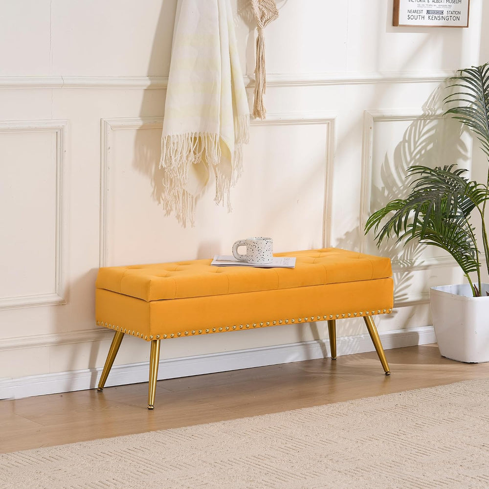 40" Mustard Yellow Velvet Storage Bench with Gold Legs Nailhead Trim | T...
