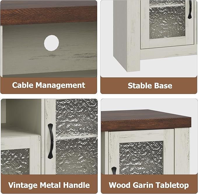 Garvee Farmhouse TV Stand for 55 Inch TV, Entertainment Center with Acrylic Door & Adjustable Shelves, Sideboard Buffet Storage Cabinet for Living Room Bedroom, White & Brown
