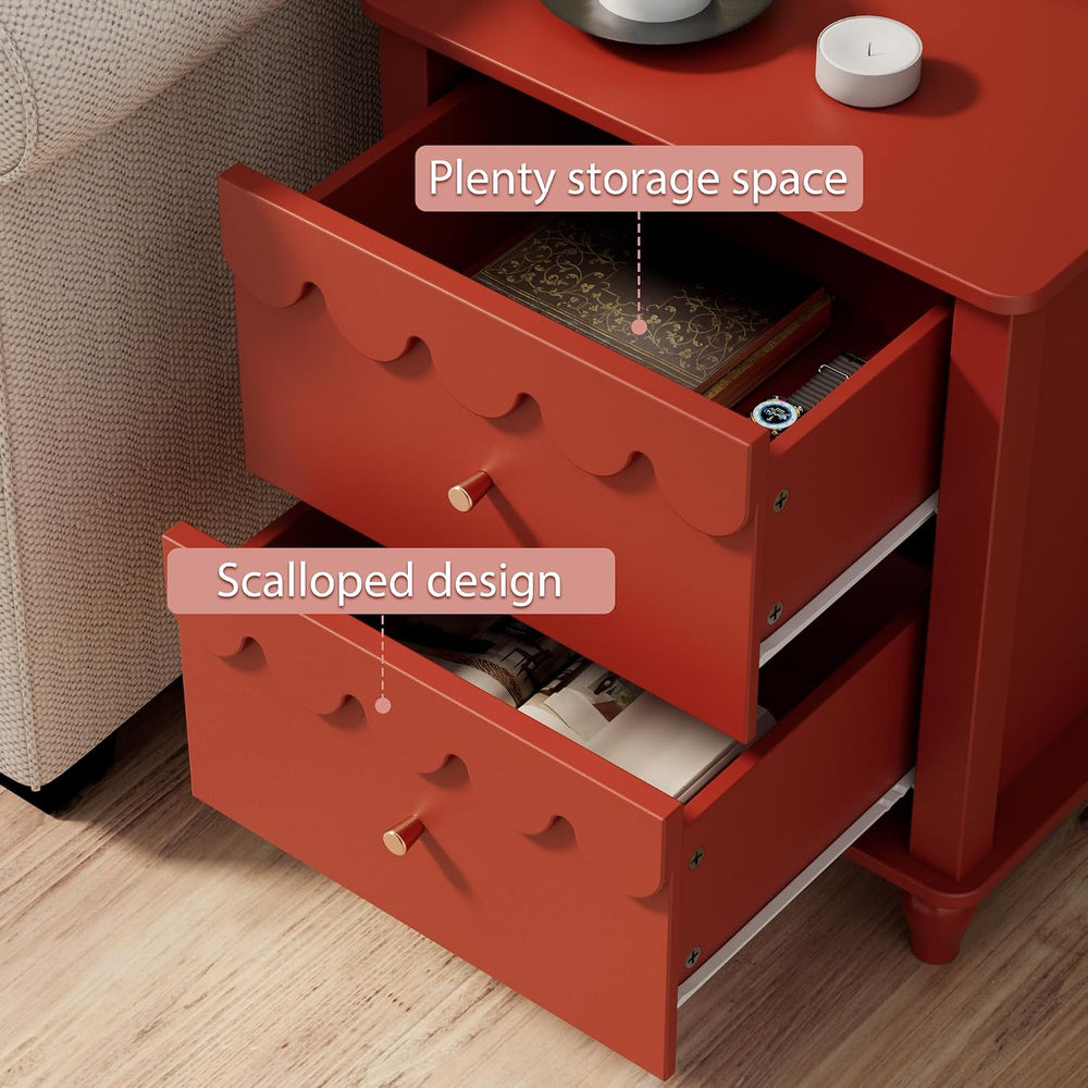 Anbuy Red Nightstand with Petal Pattern, Modern Night Stand with 2 Drawers fo...