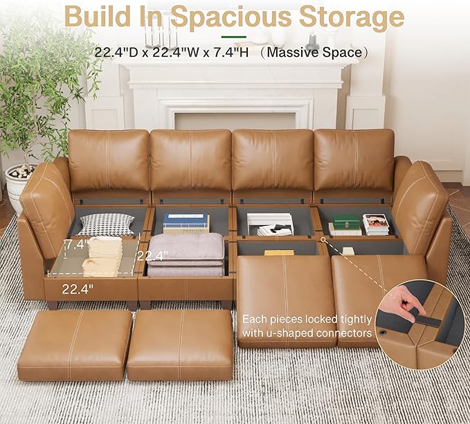 SITJOY 118" Faux Leather Modular Sectional Sofa with Storage, Mid Century Modern Sectional Couches for Living Room, Soft Padded Armrests, 8 Seat Sofa Bed, Brown