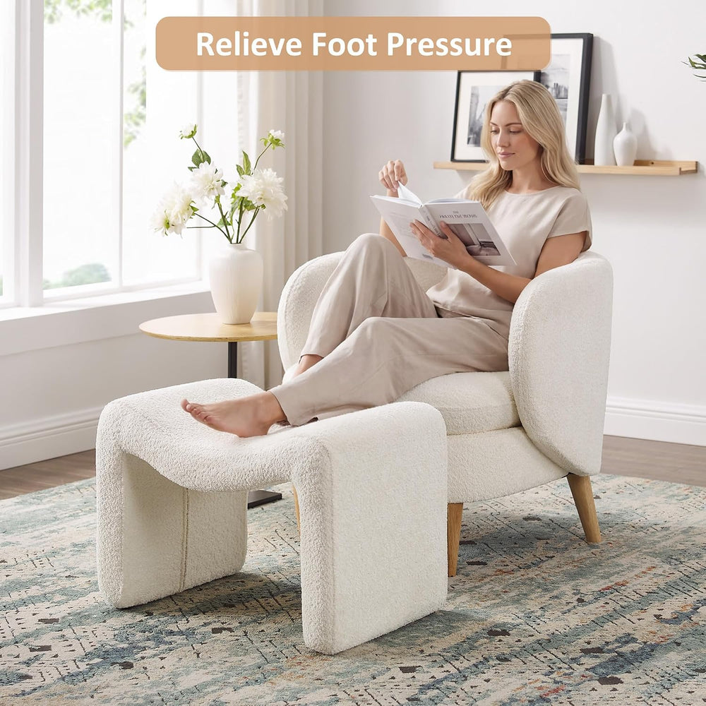 Modern Boucle Ottoman, Vanity Stool Chair, Foot Stool with Wooden Legs Sofa B...