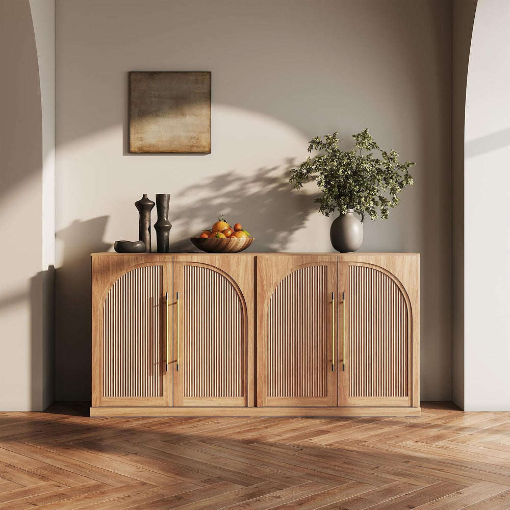 BELLEZE 65 Inch Sideboard Cabinet with Double-Arc Wood Doors, Large Buffet Ca...