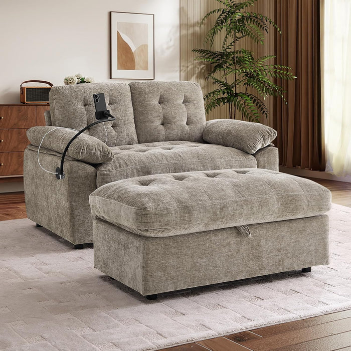 56” Chaise Lounge Chair with Ottoman, Oversized Loveseat Reading Accent Comfy Chenille Tufted Sofa with Storage & USB Charging, Adjustable Backrest Sofa Chaise w/ Phone Holder & Padded Arm, Brown
