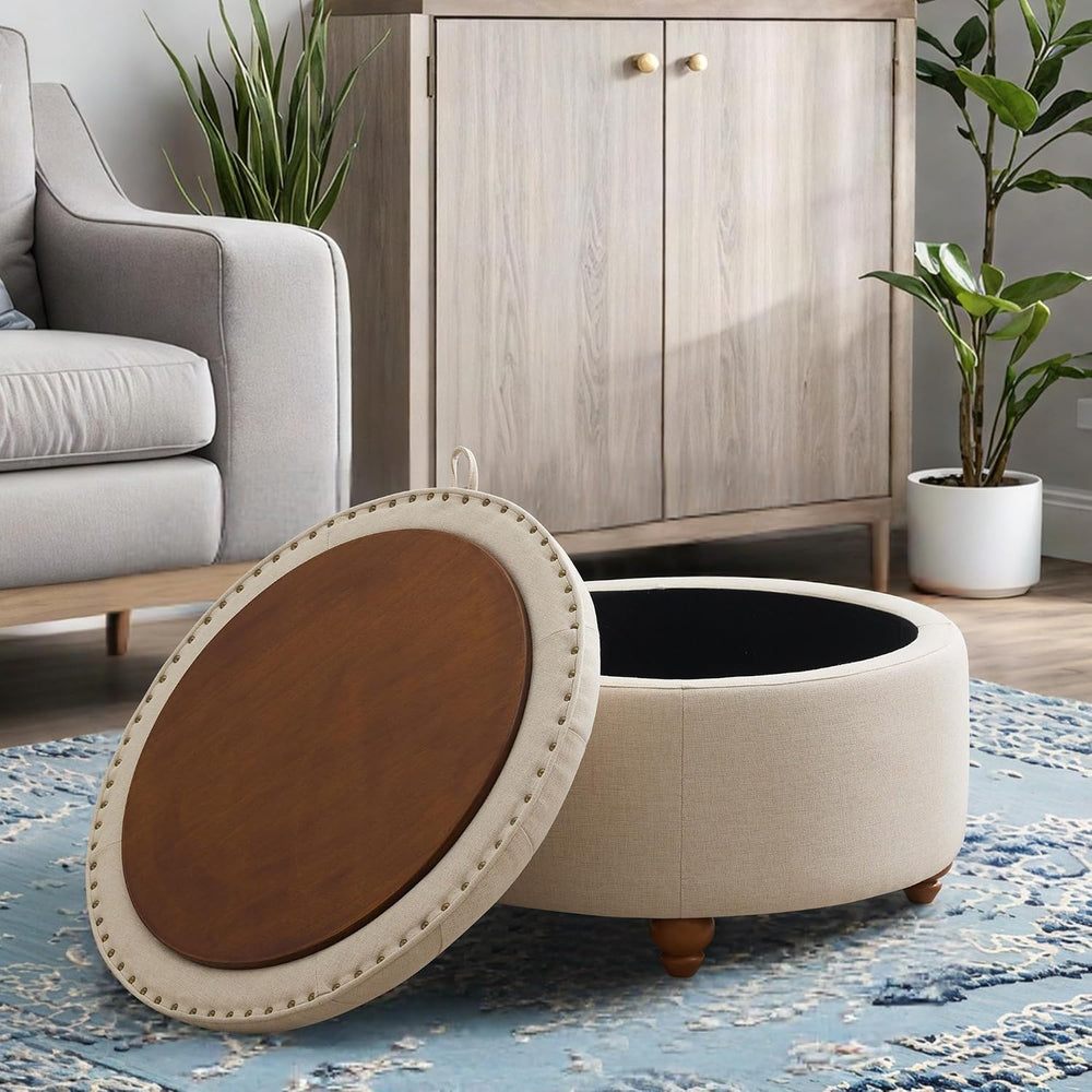 30'' Round Ottoman Coffee Table with Storage, Upholstered Tufted Otto...