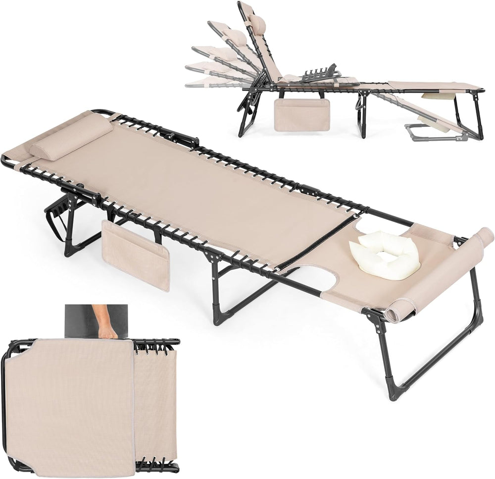 NUU GARDEN Outdoor Foldable Chaise Lounge Chairs, Tanning Chair with Face Hol...
