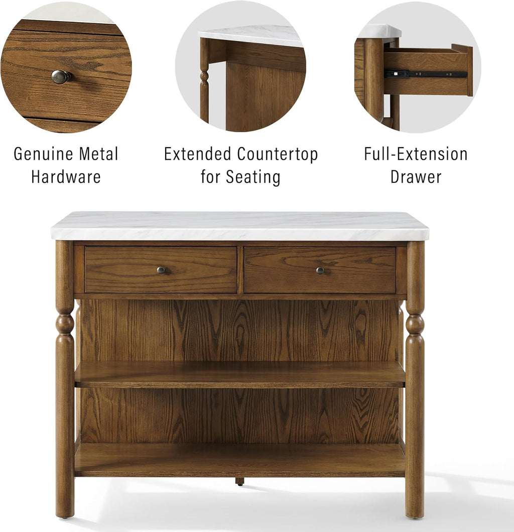 Crosley Furniture Roselyn Traditional Kitchen Island Breakfast Bar Table, Counter-Height Dining, Brown/White Marble