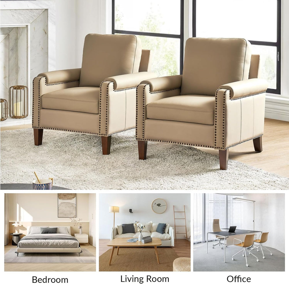 HULALA HOME Genuine Leather Accent Chair Set of 2 with Nailhead Trim, Beige |...