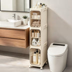 3-Tier Slim Narrow Bathroom Storage Cabinet, Cream White | Tool Free Assembly, Adjustable Shelves, Fits for Narrow Spaces, Reinforced Stability, Magnetic Clear Door