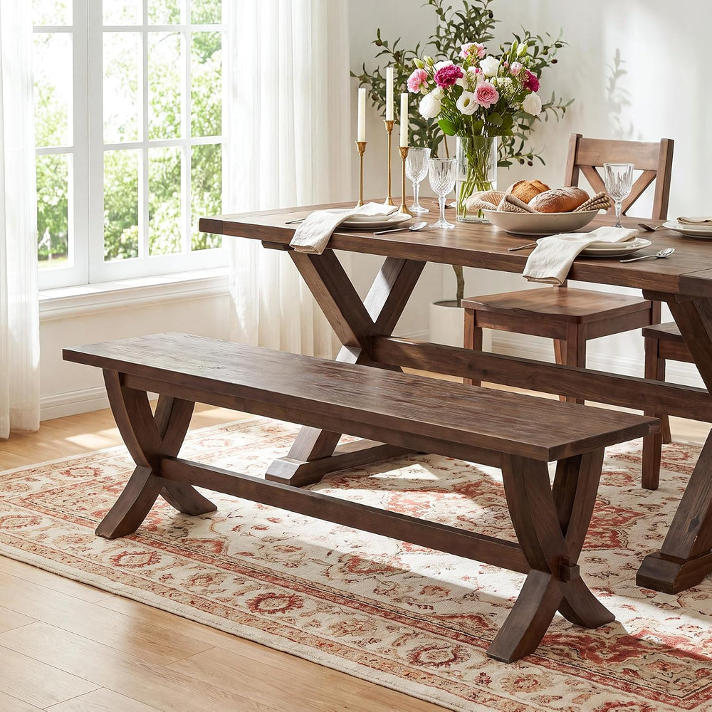 59" Solid Wood Entryway Bench, Farmhouse Long Dining Bench Seat with X-S...