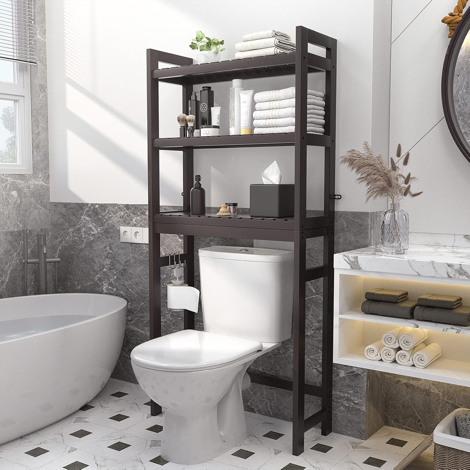 Homykic Over The Toilet Storage, Bamboo 3-Tier Over-The-Toilet Space Saver Organizer Rack, Stable Freestanding Above Toilet Stand with 3 Hooks for Bathroom, Restroom, Laundry, Espresso