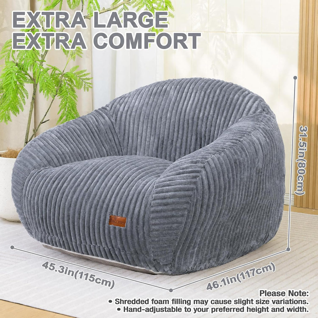 Bean Bag Chair with Armrests, Comfy Corduroy Bean Bag with Removable Cover, Handle for Adults, Oversized Floor Beanbag Couch for Living Room Bedroom Dorm (XL-Gray)