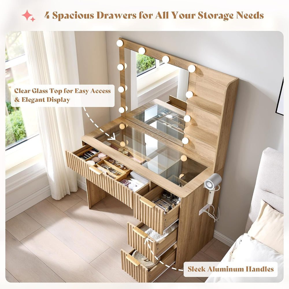 AMERLIFE 36.2" Fluted Vanity Desk with Mirror and Lights, Natural Oak | ...