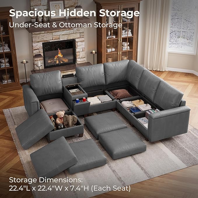 SITJOY 105" Faux Leather Modular Sectional Sofa with Storage, Mid Century Modern Sectional Couches for Living Room, 6 Seat V Shaped Couch with Ottoman and Console Table, Hidden Cupholders, Gray