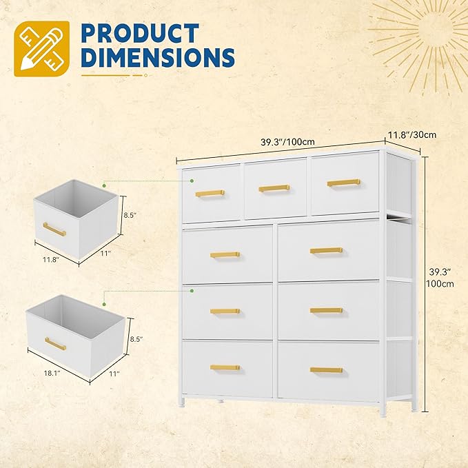 DWVO Dresser with 9 Drawers - Fabric Storage Tower, Organizer Unit for Living Room, Hallway - Sturdy Steel Frame, Wooden Top & Easy Pull Fabric Bins