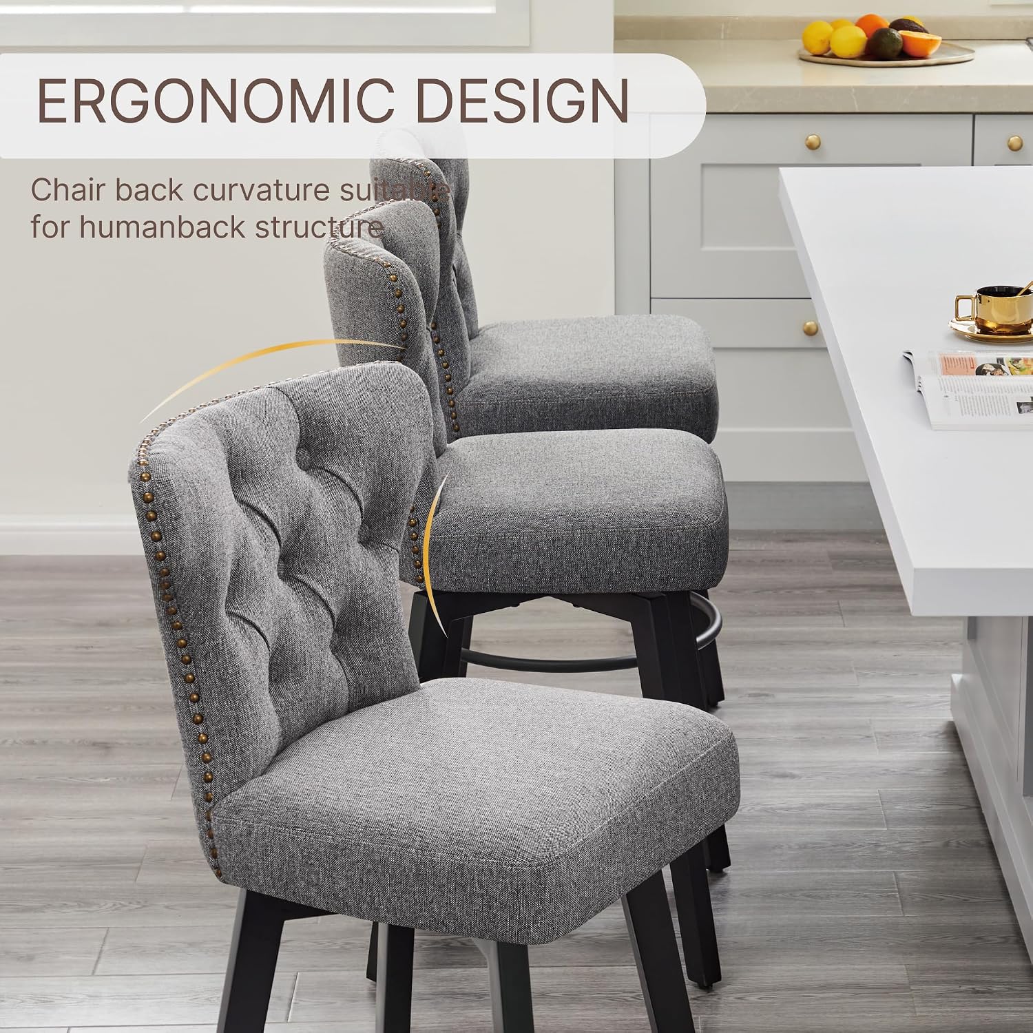 Counter Height Barstools 26 inch Upholstered Button Tufted Swivel Bar Stools with Back and Wood Legs for Kitchen Island,Set of 2,Grey-Nailhead Trim