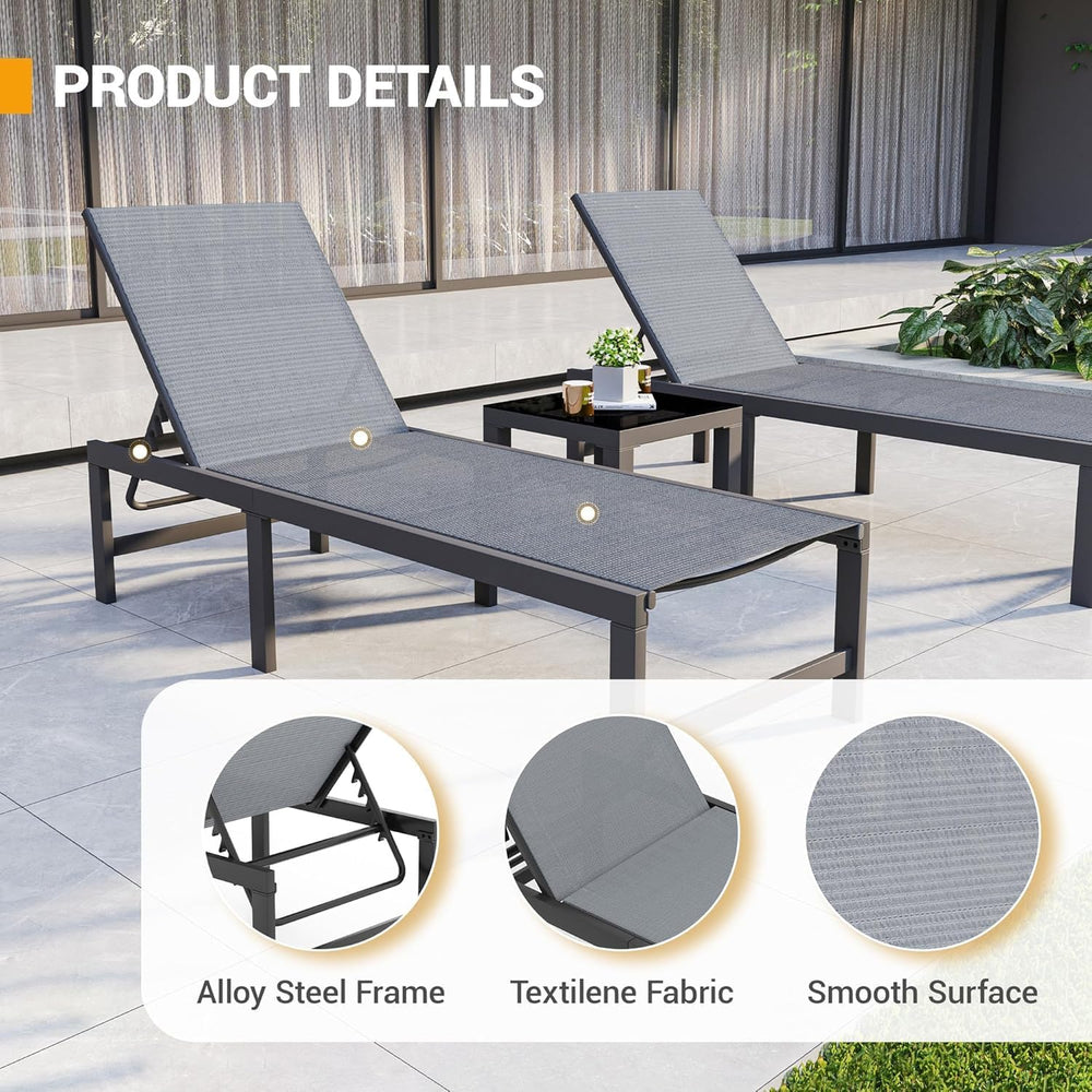 UDPATIO 3 Pieces Pool Lounge Chair Outdoor Chaise Chairs w/Table Adjustable 5...