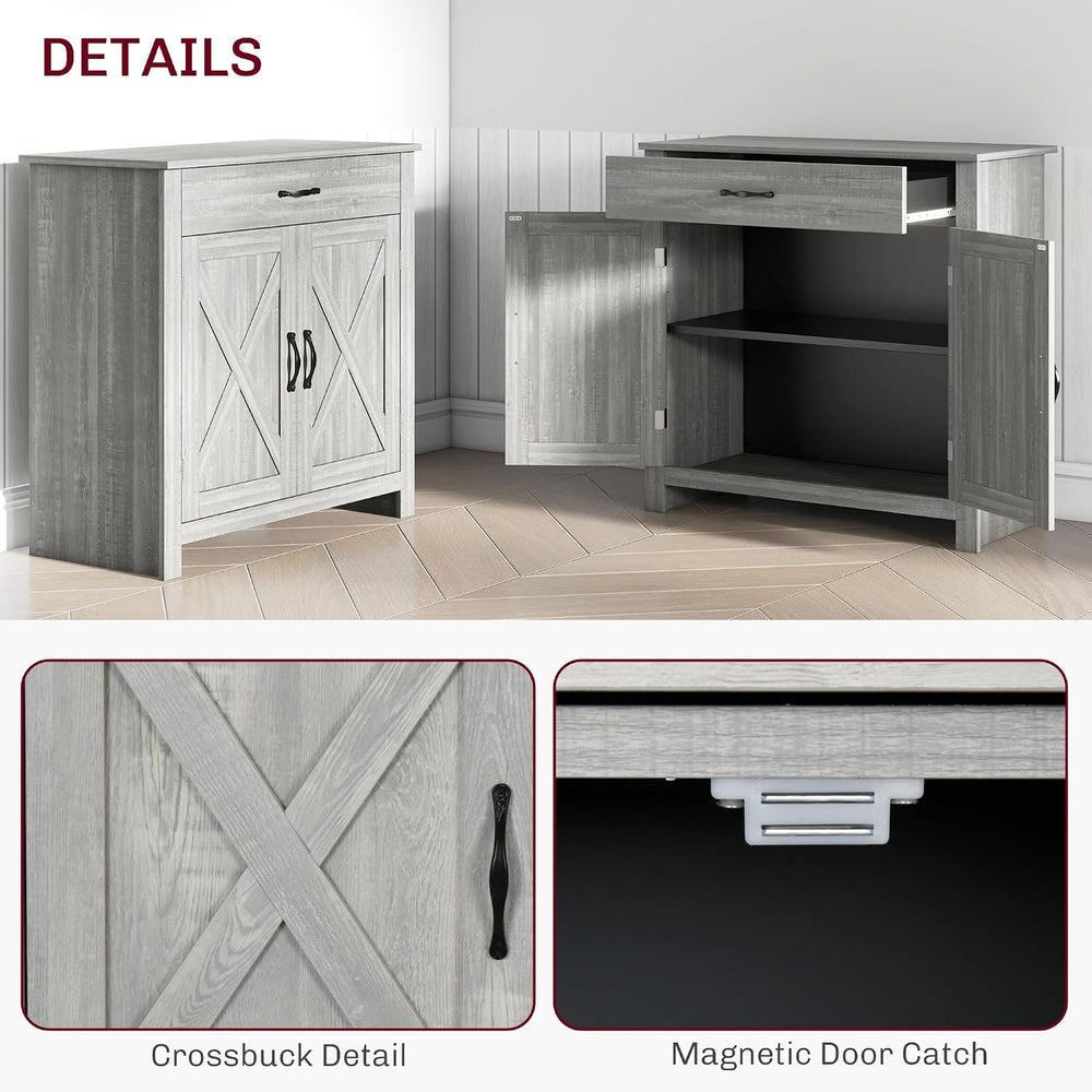HOMCOM Farmhouse Sideboard Buffet Cabinet Barn Door Gray