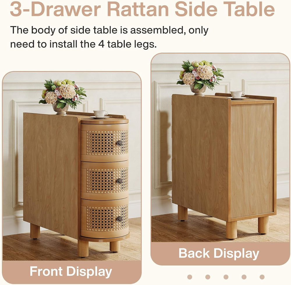 Tribesigns 3-Drawer Rattan End Table, Sofa Side Table with Vintage Embossed H...