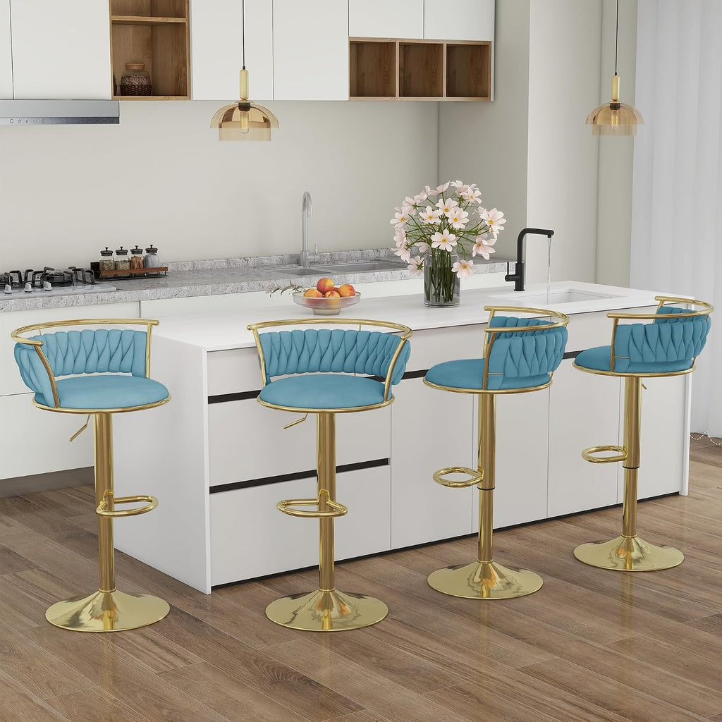 Velvet Swivel Bar Stools, Adjustable Counter Height Bar Chairs with Low Back & Footrest, Modern Gold Bar Stools for Kitchen Island, Bar Pub (Light Blue,Set of 2)