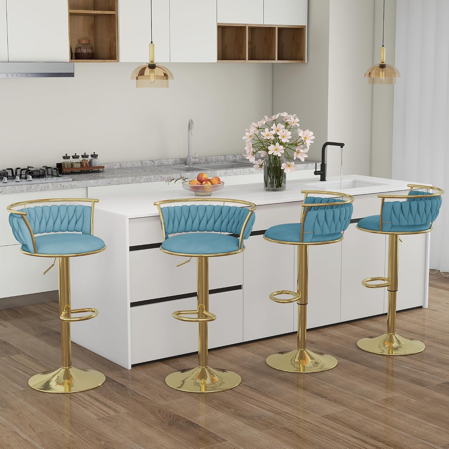 Velvet Swivel Bar Stools, Adjustable Counter Height Bar Chairs with Low Back & Footrest, Modern Gold Bar Stools for Kitchen Island, Bar Pub (Light Blue,Set of 2)