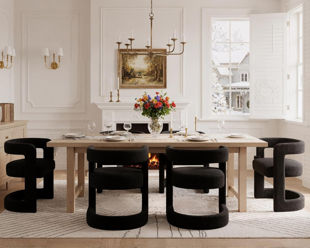 Black Barrel Dining Chairs Set of 6, Modern Boucle Upholstered Dining Room Ch...