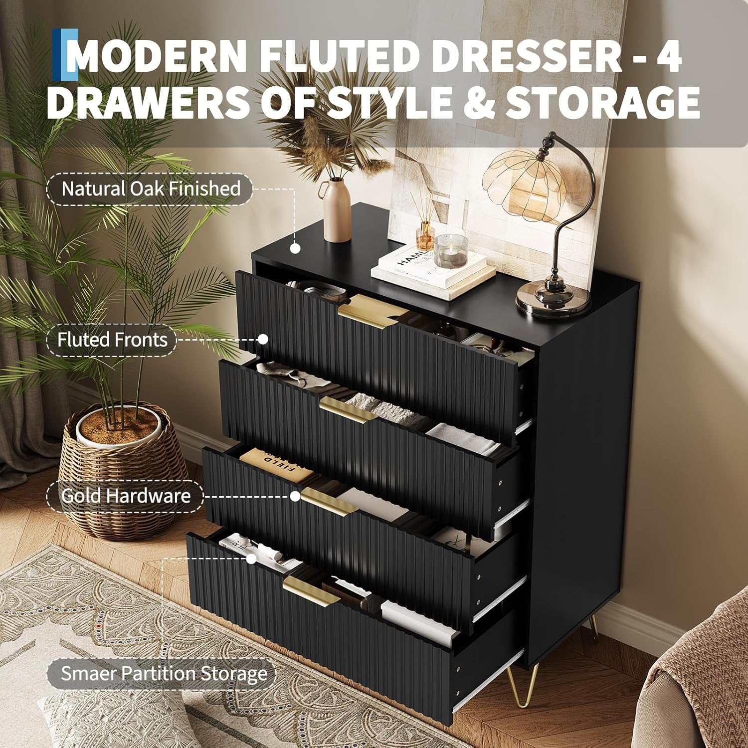 Garvee Fluted Dresser for Bedroom with 4 Drawers,32" Wide Modern Chest of Wooden Bedroom Chest with Metal Handle,Wide Clothes Storage Organizer,Closet Dresser & TV Stand for Living Room,Hallway,Black