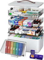 CTIME 4-Tier XL Medicine Organizer with Leather Handle - Portable Pill Case & Empty First Aid Kit for Home, Travel, RV, School, Dorm | Ideal Elderly Gift