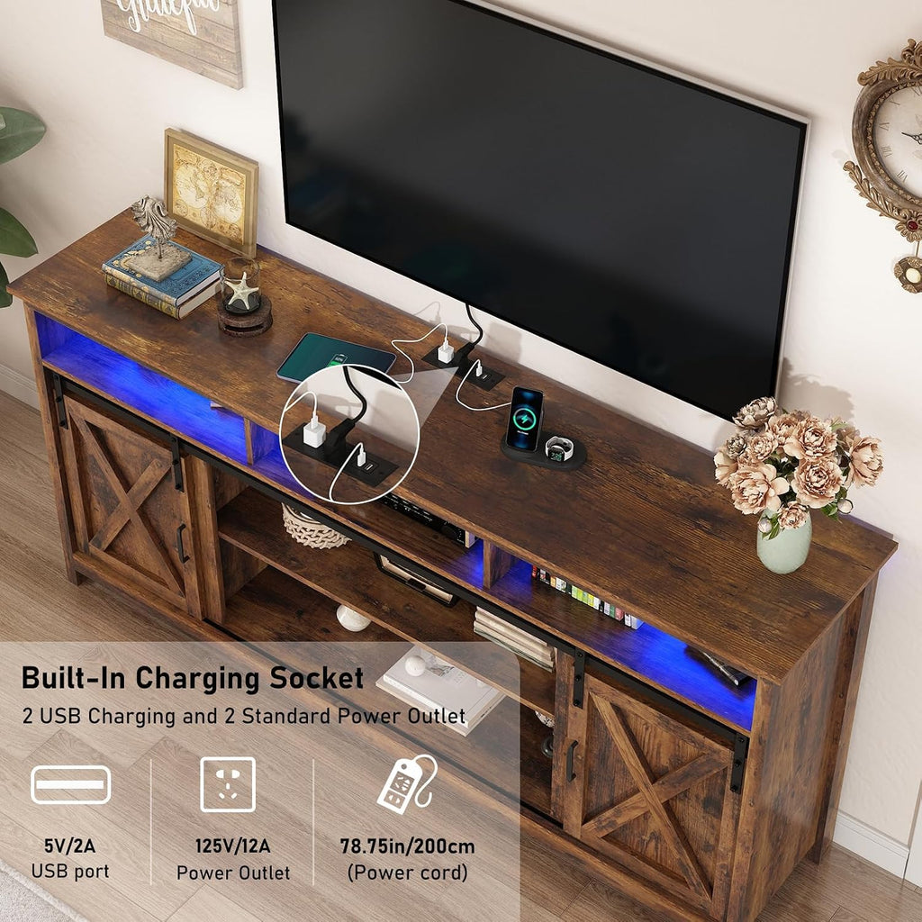 57" LED Farmhouse TV Stand for 65/60/55 Inch TVs,Tall Entertainment Center Storage Cabinets w/Power Outlets and Sliding Barn Door,Rustic TV Stands for Living Room,Media Console Cabinet (Brown)