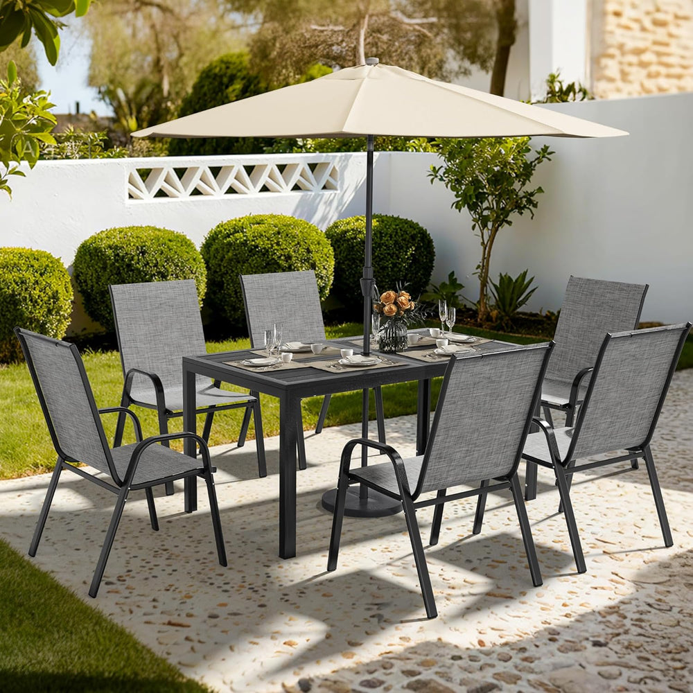 Pamapic Outdoor Dining Sets for 6, Rectangular Steel Slat Table with 6 Textil...