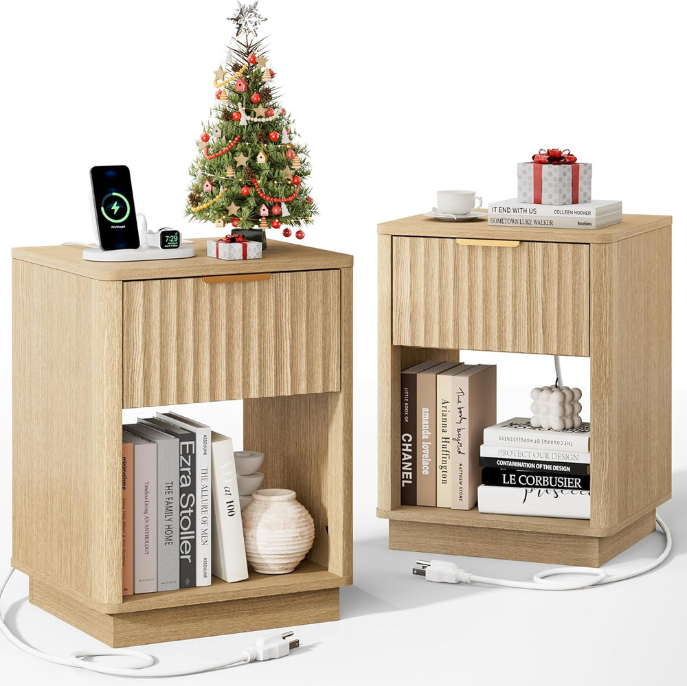 18" Modern Fluted Nightstand Set of 2 with Charging, Natural Oak | Bedro...