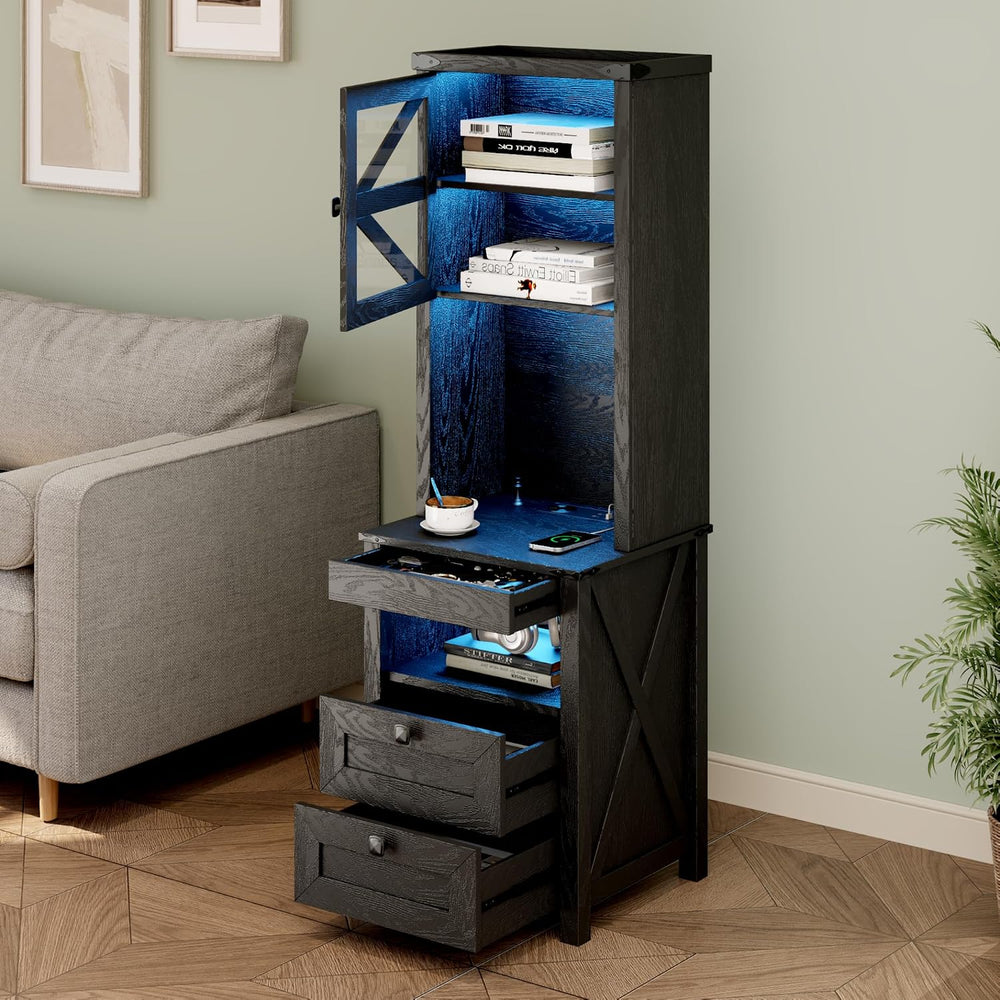 Farmhouse Tall Night Stand with Charger Station, Bedside Table with Shelves, ...