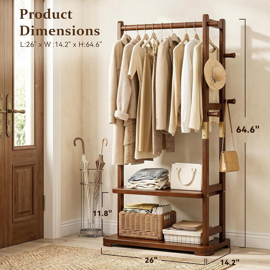 Taitiy Coat Rack Solid Wood Clothes Rack with 2 Shelves & 5 Hooks for Hanging Clothes Garment Wallets Hats, Clothing Rack Heavy Duty Coat Rack Freestanding with Storage Hall Tree for Hallway Bedroom