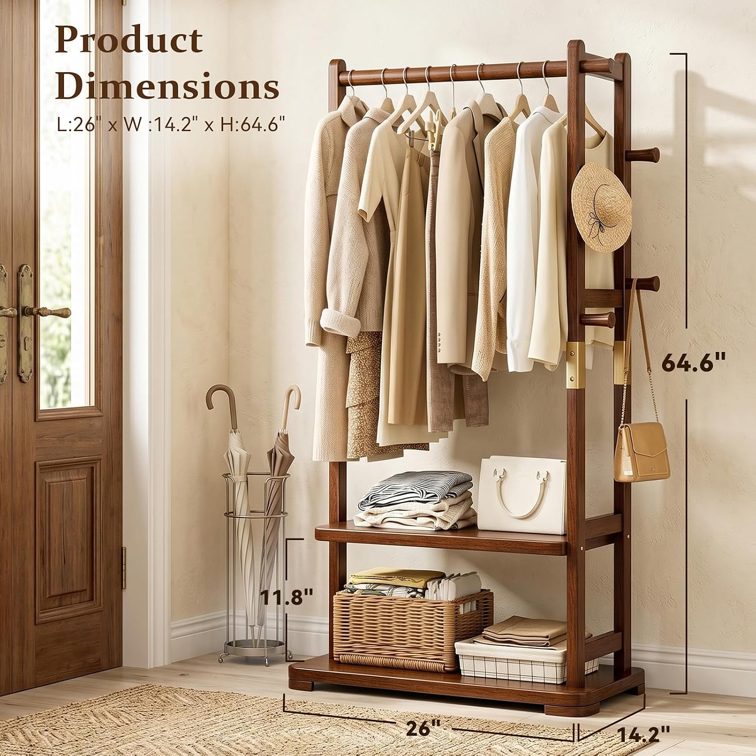 Taitiy Coat Rack Solid Wood Clothes Rack with 2 Shelves & 5 Hooks for Hanging Clothes Garment Wallets Hats, Clothing Rack Heavy Duty Coat Rack Freestanding with Storage Hall Tree for Hallway Bedroom