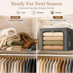 GoMaihe 3 Opening Clothes Storage Bins with Metal Frame 3 Pack 40L Grey | Sweaters Hoodies Towel T-Shirt, Closet Top Shelf Linen Closet Organizer, Stackable Collapse-Proof, Clear Window, Dual Access