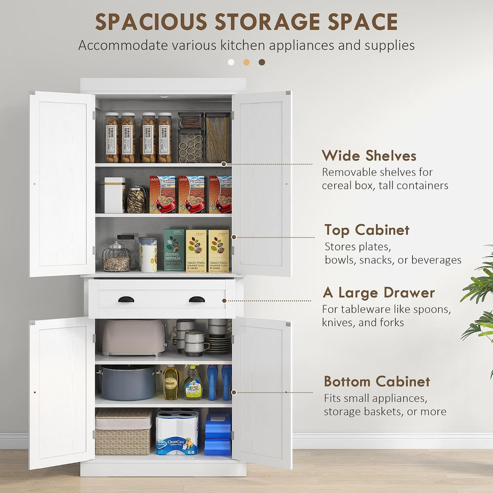HOMCOM 72.5" Kitchen Pantry Cabinet Freestanding 4 Doors White Wood Grai...