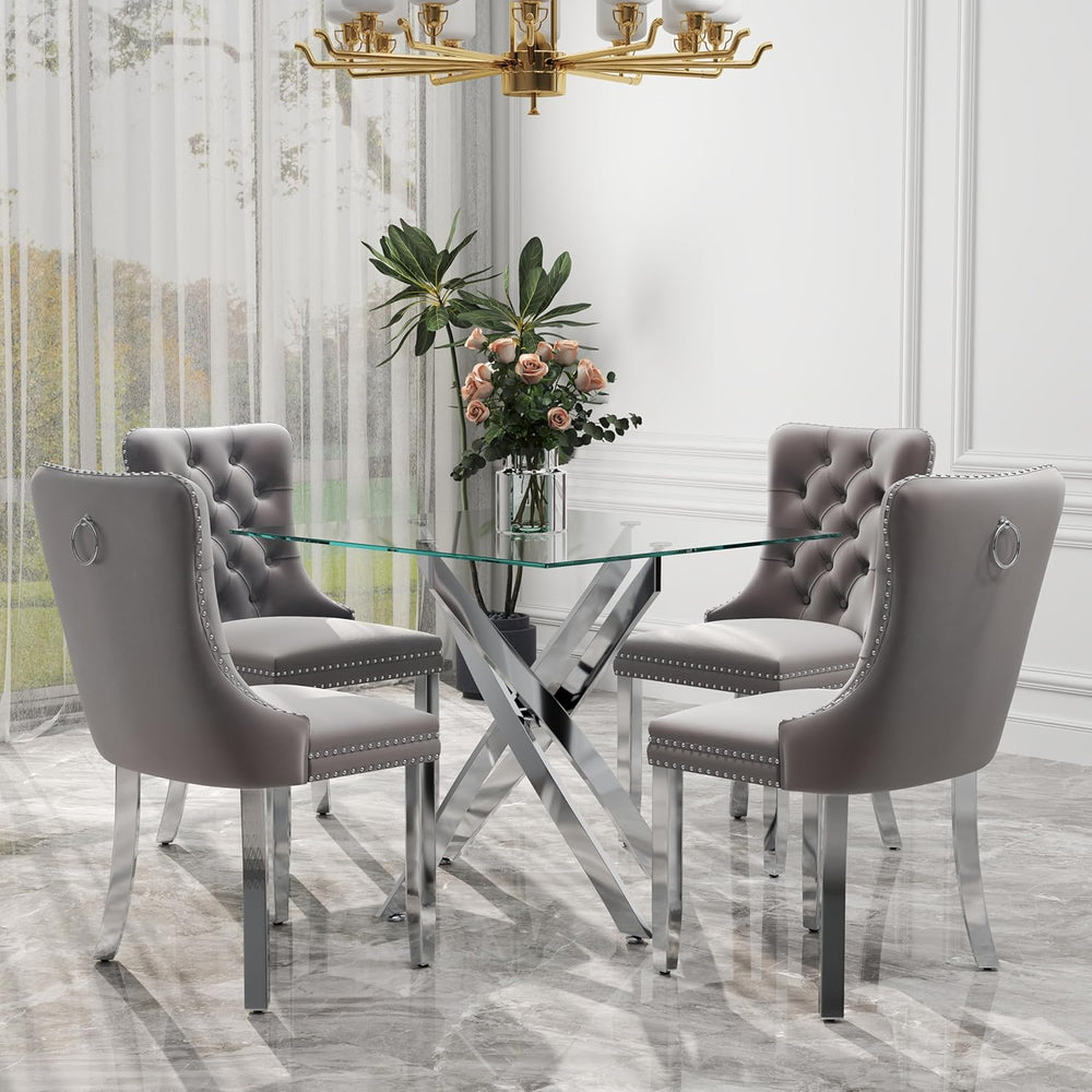 5 Piece Silver Luxury Glass Dining Set, Modern Minimalist Kitchen Table Set f...