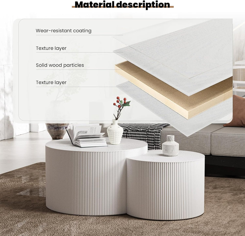 Round Nesting Coffee Table Set 2 Piece (A White 27.56 in) | Drum Modern Stack...