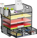 Lavatino 5 Tier Paper Organizer for Desk, Letter Tray with Drawer and 2 Pen Holders, Mesh File Sorter, Desktop Document Shelf Storage Organization Office School Home Black With Drawer