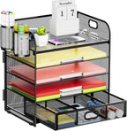 Lavatino 5 Tier Paper Organizer for Desk, Letter Tray with Drawer and 2 Pen Holders, Mesh File Sorter, Desktop Document Shelf Storage Organization Office School Home Black With Drawer
