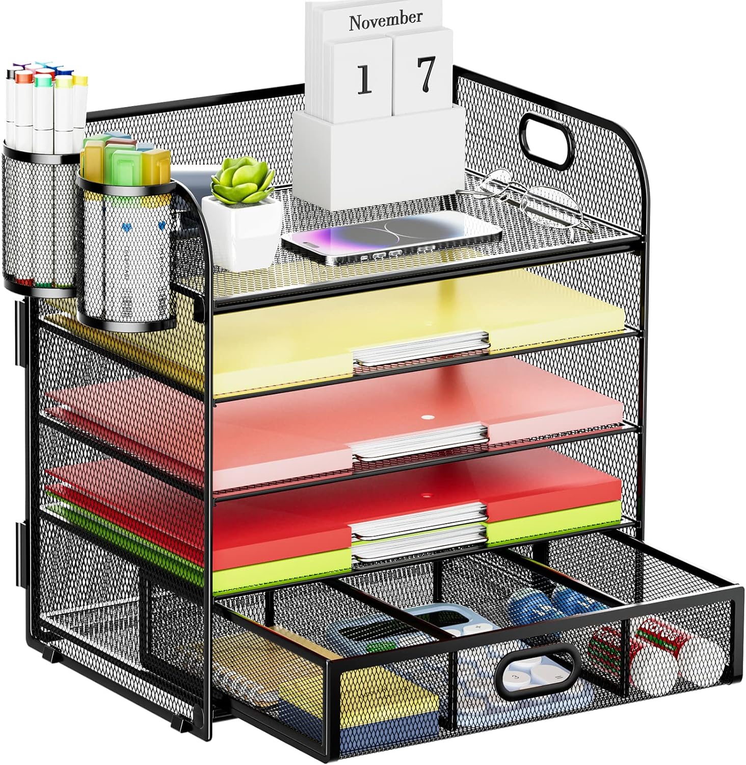Lavatino 5 Tier Paper Organizer for Desk, Letter Tray with Drawer and 2 Pen Holders, Mesh File Sorter, Desktop Document Shelf Storage Organization Office School Home Black With Drawer