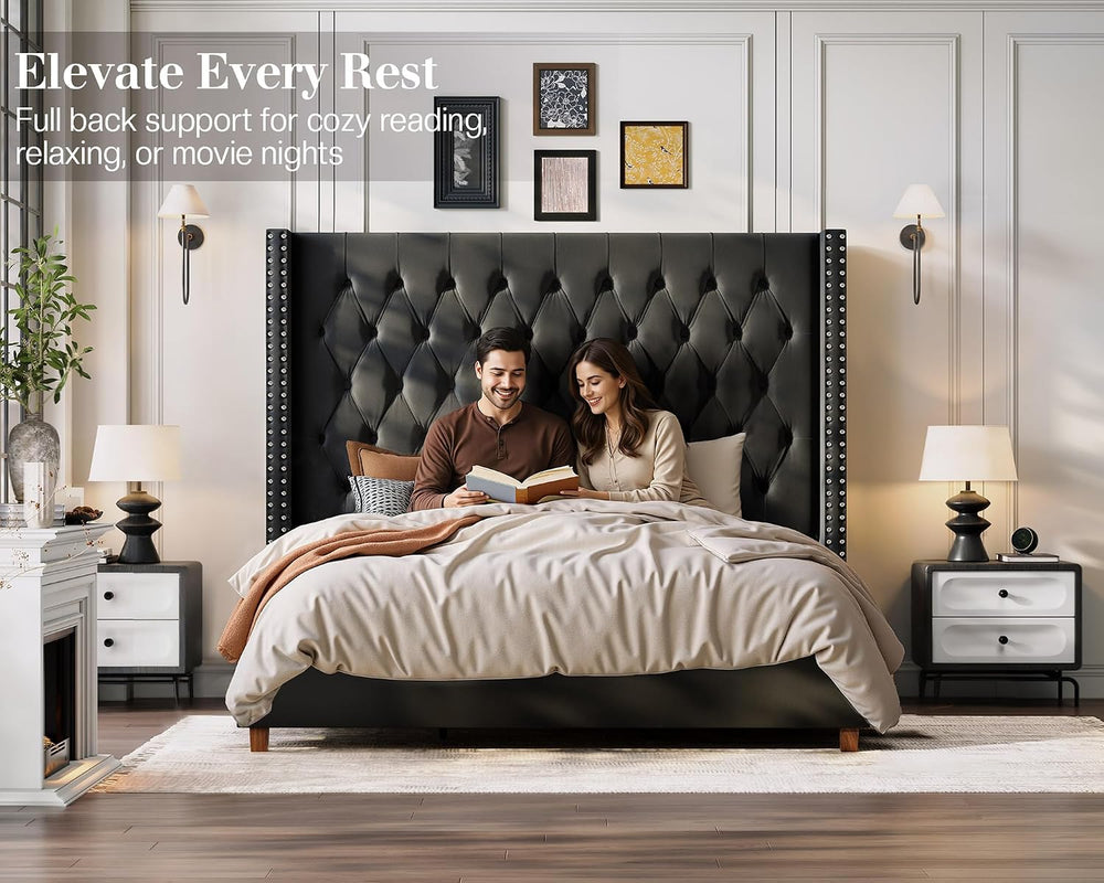 Jocisland Queen Bed Frame 61.4" Tall Headboard Velvet upholstered,Black