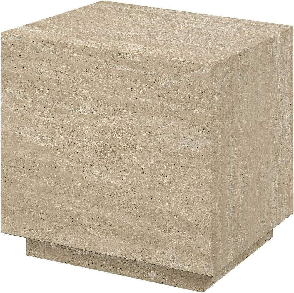 Acme Deon Contemporary Plywood and Travertine Square End Table in Natural Beige
