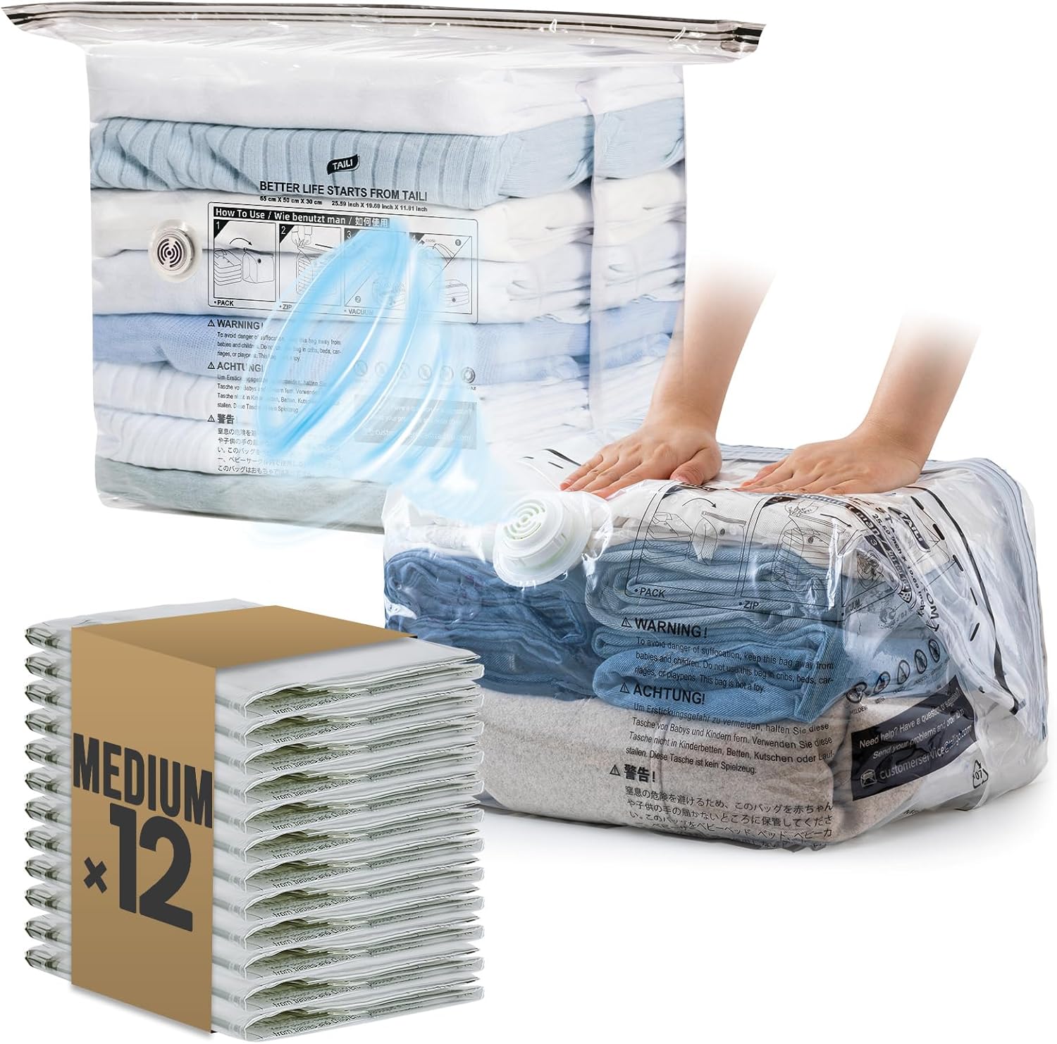 TAILI 12 Pack Cube Vacuum Storage Bags, Medium Size (25x19x11 inch), Vacuum Seal Bags for Clothing, Travel Compression Packing for Clothes, Blankets, Baby Clothes, Travel Accessories