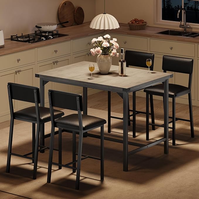 IDEALHOUSE Dining Table Set for 4 w/Footrest & Corner Protector, 5-Piece Kitchen Table Set with Counter Height Table & 4 Upholstered Bar Stools, for Kitchen Room, Apartment, Pub, Retro Gray