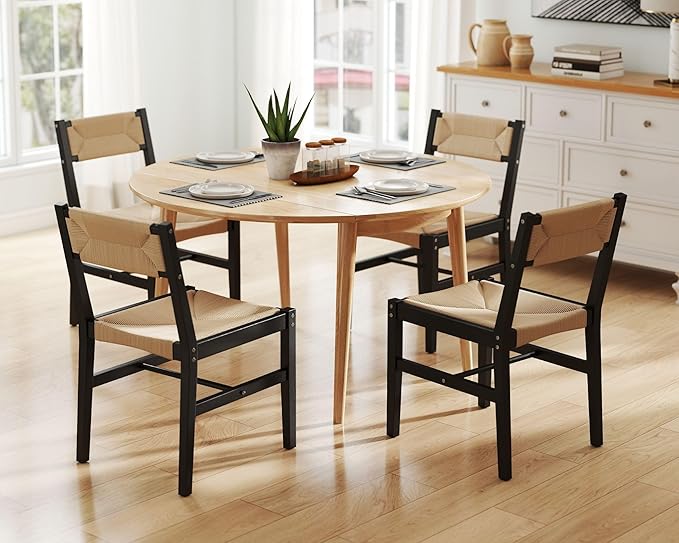 Mid Century Modern Rattan Dining Chairs Set of 2 Black Beechwood Kitchen Chairs Farmhouse Woven Dining Room Chairs Armless Boho Cane Wicker Chair Wooden Dining Chairs with Weave Hemp Seat and Backrest