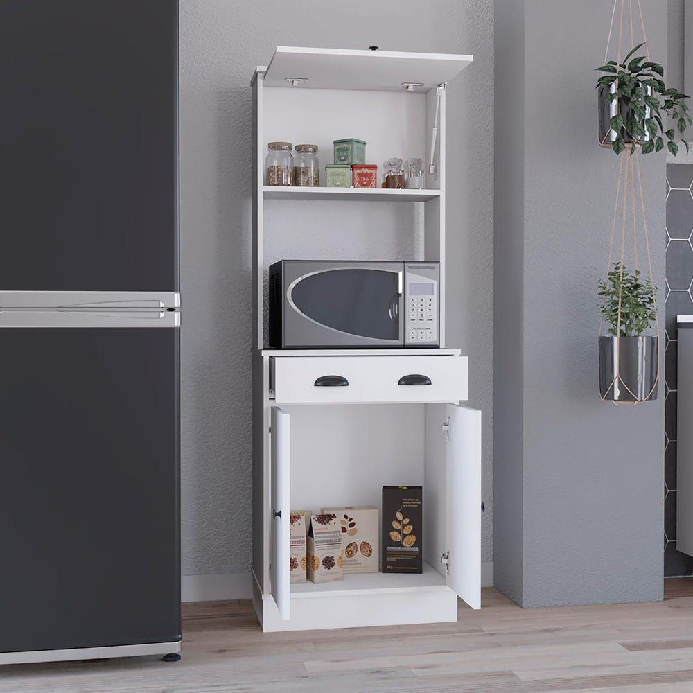Kitchen 66.3" H with Drawer, 2 Cabinets, and Microwave Stand, White